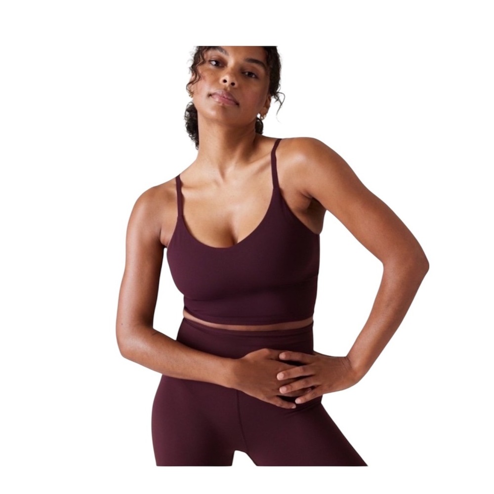Athleta Elation V-Neck Longline Sport Bra Maroon Large D-DD Yoga Gym Top Workout